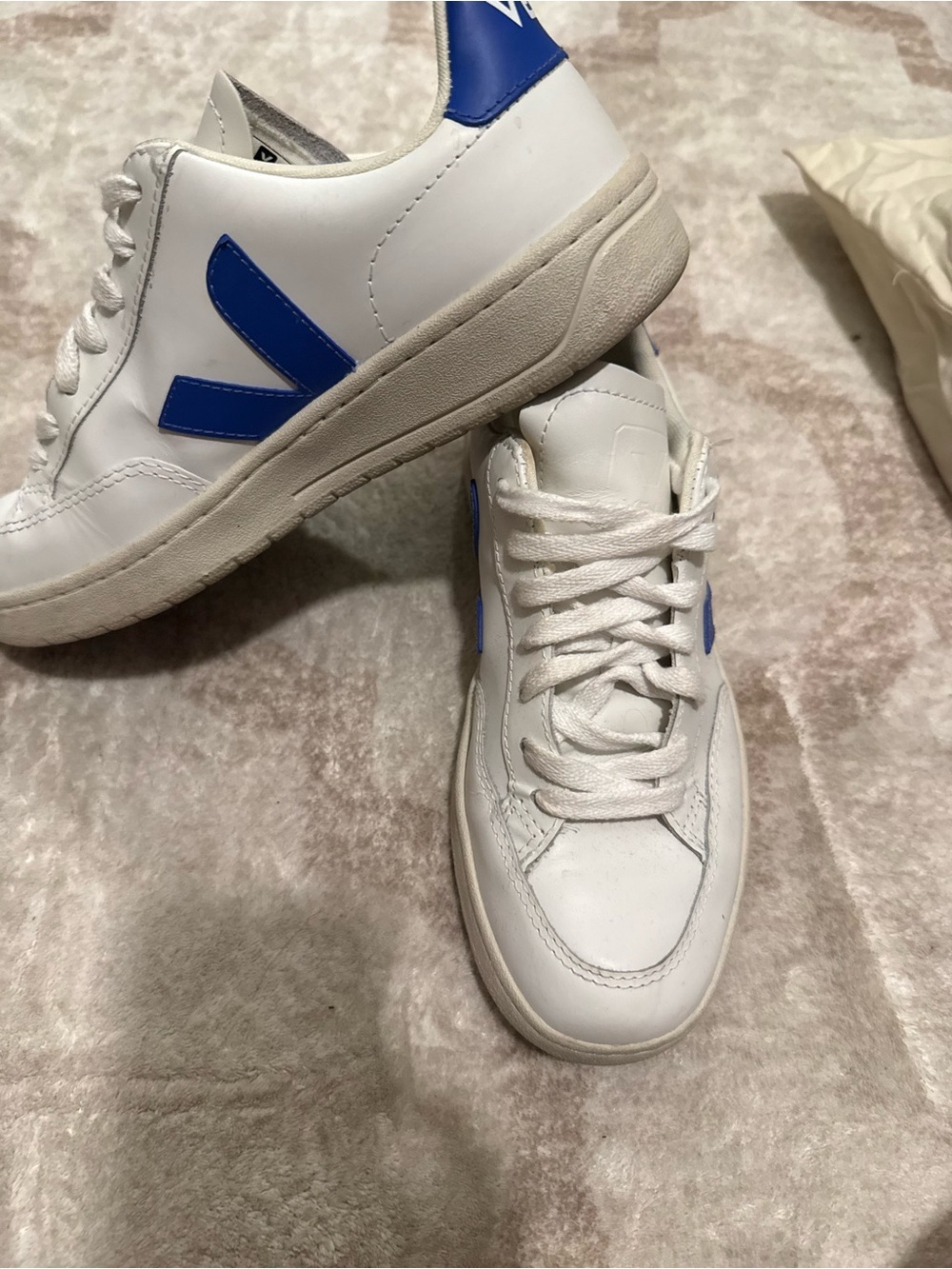 Veja White Leather Sneakers with Blue V Logo